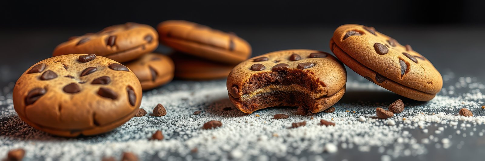 Delicious chocolate chip cookies arranged on a dark surface with crumbs scattered around